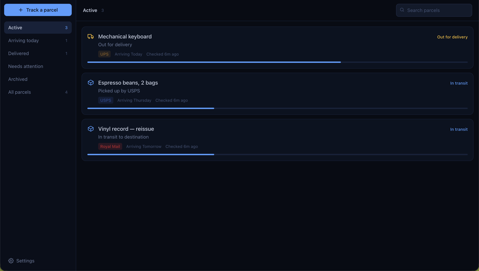 Doorstep — package tracker showing active parcels with carrier and delivery status
