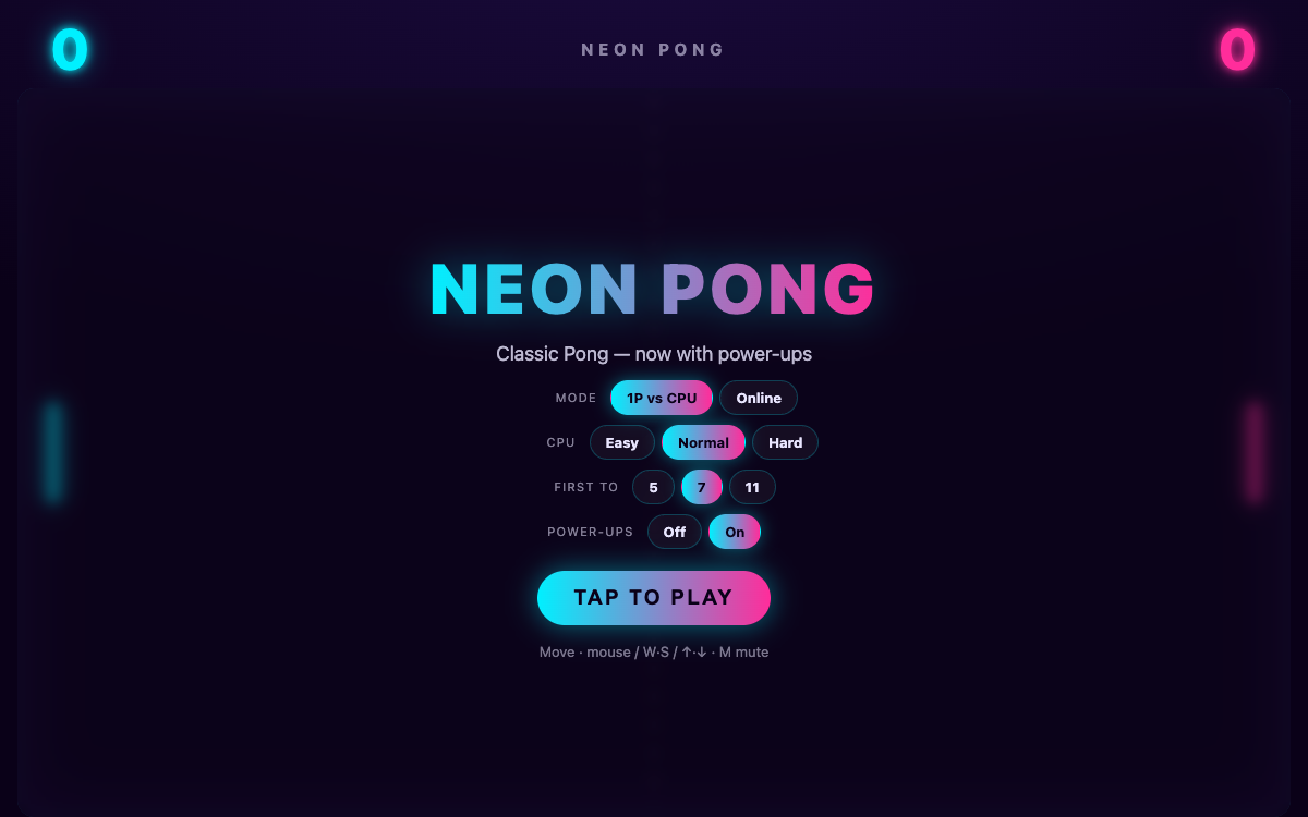 Neon Pong menu screen