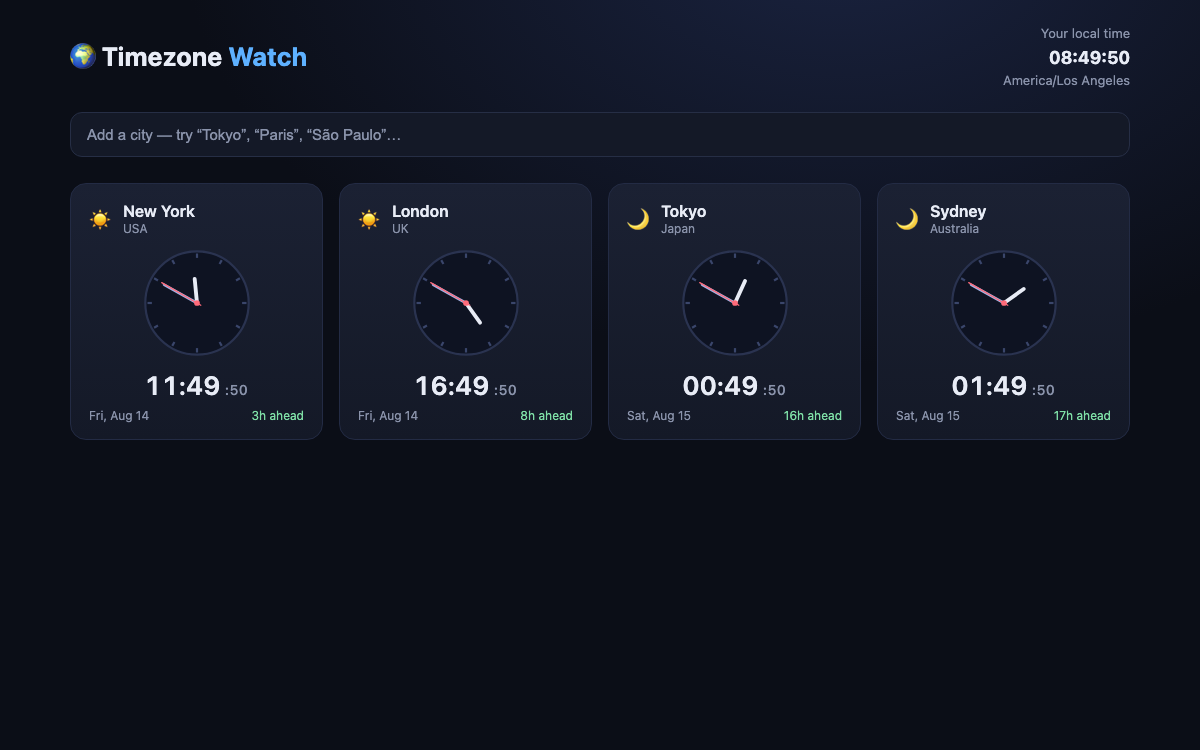 Timezone Watch — live analog and digital clocks for cities around the world